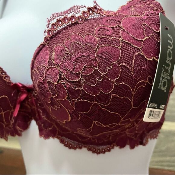 NWT Mamia Wine Colored Lace Padded Bra With Cream Stitching Detail Size 34B - Picture 2 of 11
